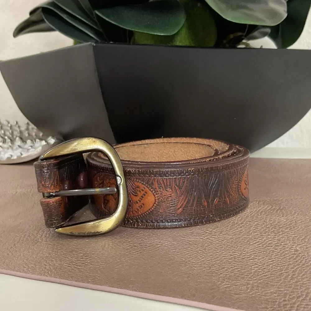 Vintage Brown Leather Western Style Fish Themed Belt 44 inch with Buckle